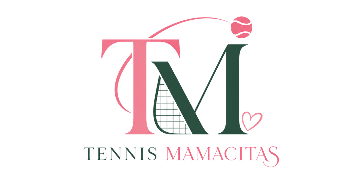 Tennis Mamacitas: a pink T and green M with a tennis ball arcing overhead